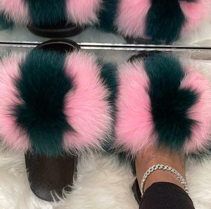 Ladies Summer Real Fox Fur Slippers Furry Fur Slippers Cute Fluffy Fur Slippers Fox Fur Slides Plush Slippers Luxury Slippers