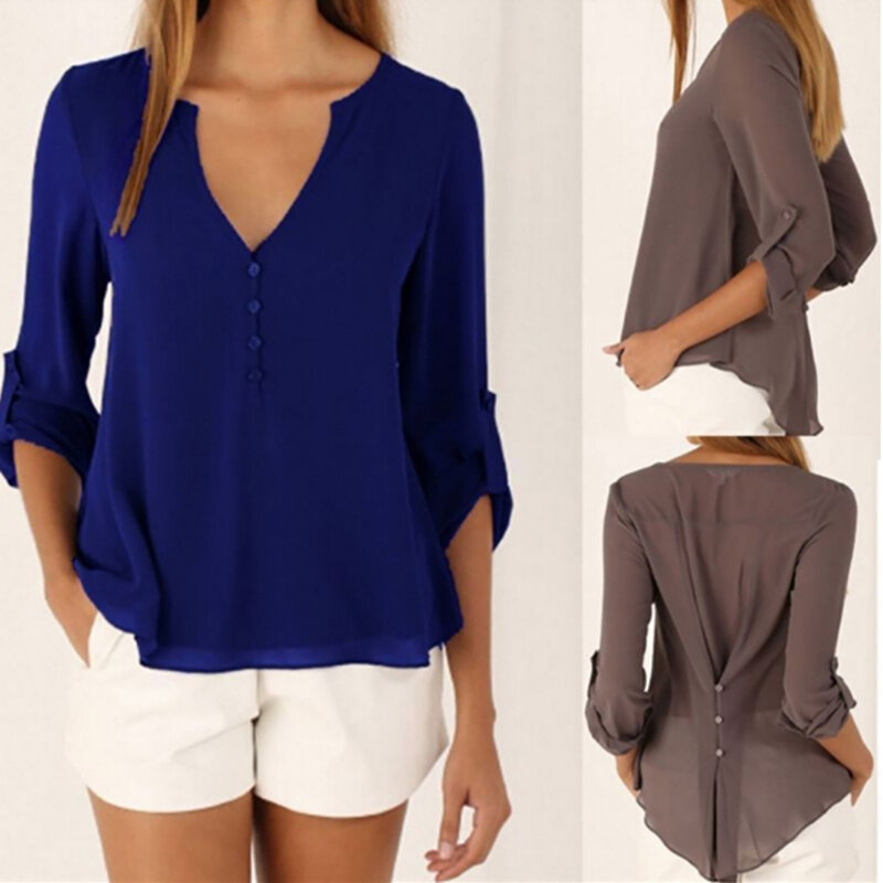 Summer Women's Casual V-neck Long Sleeve Chiffon  Loose Top Elegant And Charming Suitable For Office Work