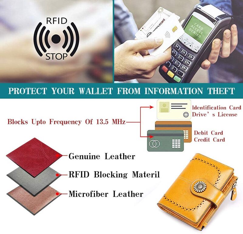 Billeteras de cuero genuino para mujer, monedero pequeño, sencillo y plegable, con bloqueo RFID, para adolescentes