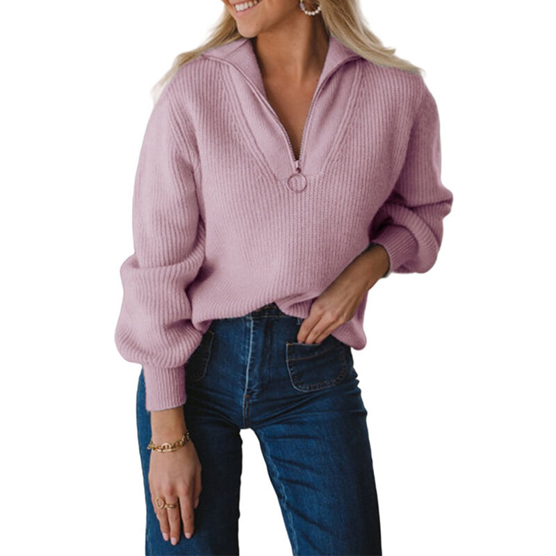 2021 Autumn Winter New Women Sweater Western Style Women Solid Color V-neck Zipper Lantern Sleeve Fashion Casual Simplicity