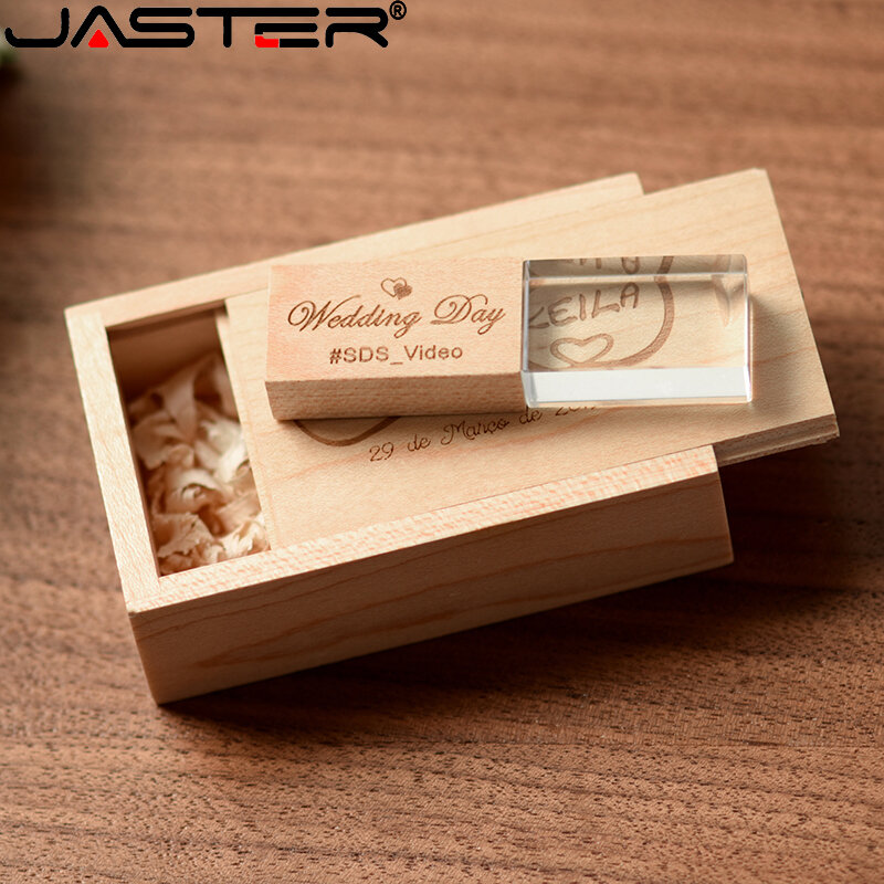 Jaster 2.0 usb flash drives 128gb de cristal de madeira usb + caixa livre logotipo personalizado pendrive 64gb nogueira presente de casamento armazenamento externo