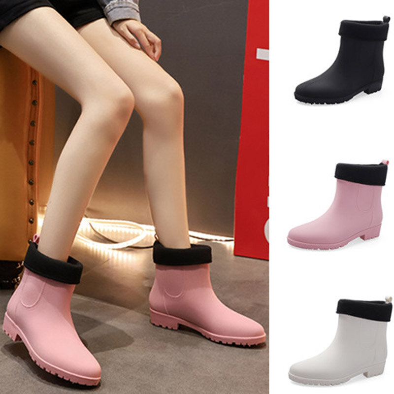 2021 nova moda feminina botas de chuva cor sólida plástico à prova dantiágua botas antiderrapante quente veludo algodão lã chuva sapatos