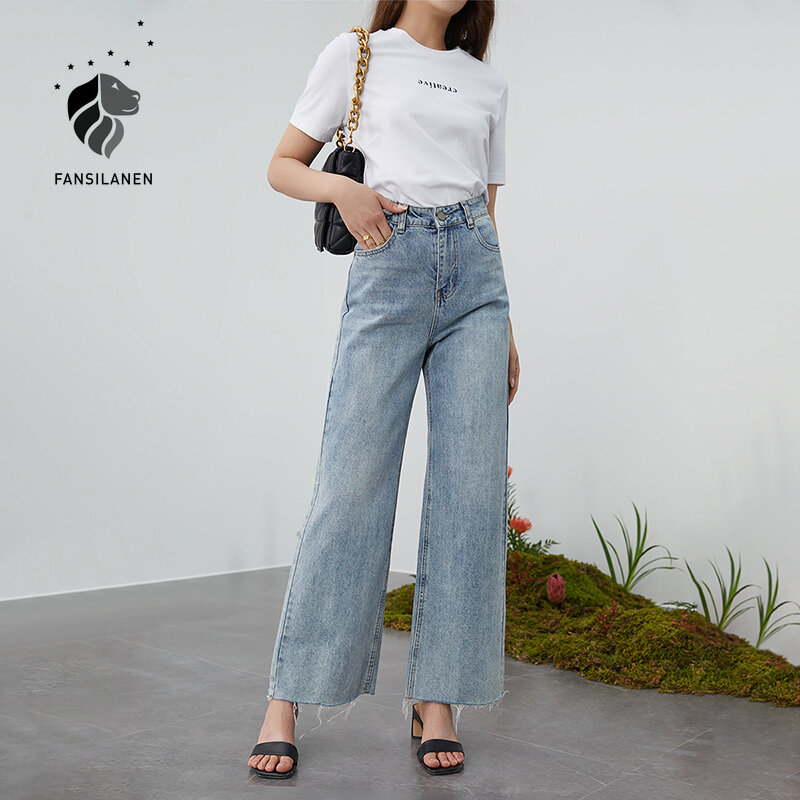 FANSILANEN Jeans Kaki Lebar Rumbai Pinggang Tinggi Celana Jeans Sobek Pria Musim Semi Wanita Celana Vintage Denim Biru Longgar 2021