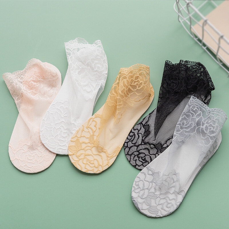 Calcetines ultrafinos transpirables para mujer, de seda de encaje transparente, elásticos, cortos, para verano, 1 par, calcetines con flores