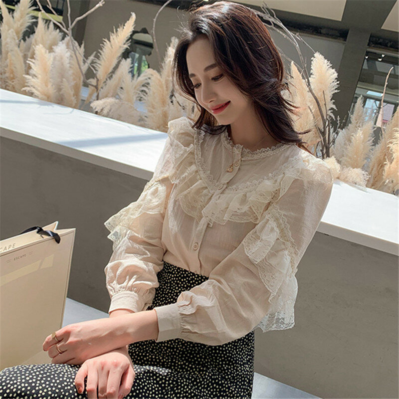2023 Spring New Fashion Short Slim Lace Bottom Stand Collar Wavy Cotton Linen Shirt Women's Long Sleeve Top Polyester Sweet