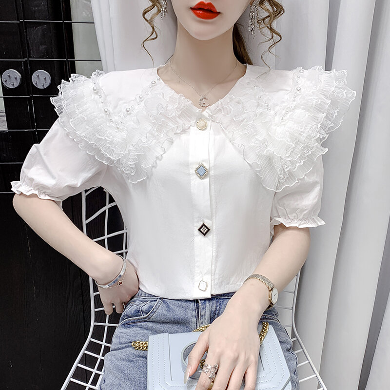 Chemise à volants perlés pour femmes, style coréen, manches courtes en dentelle, hauts boutons, chemisier multicolore, nouvelle collection 2021, 822i