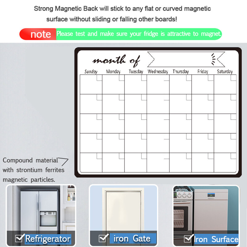 Placa branca magnética macia, planejador mensal semanal, placa seca para calendário, adesivos geladeira manget, bloco de notas e desenho de mensagem, cronograma