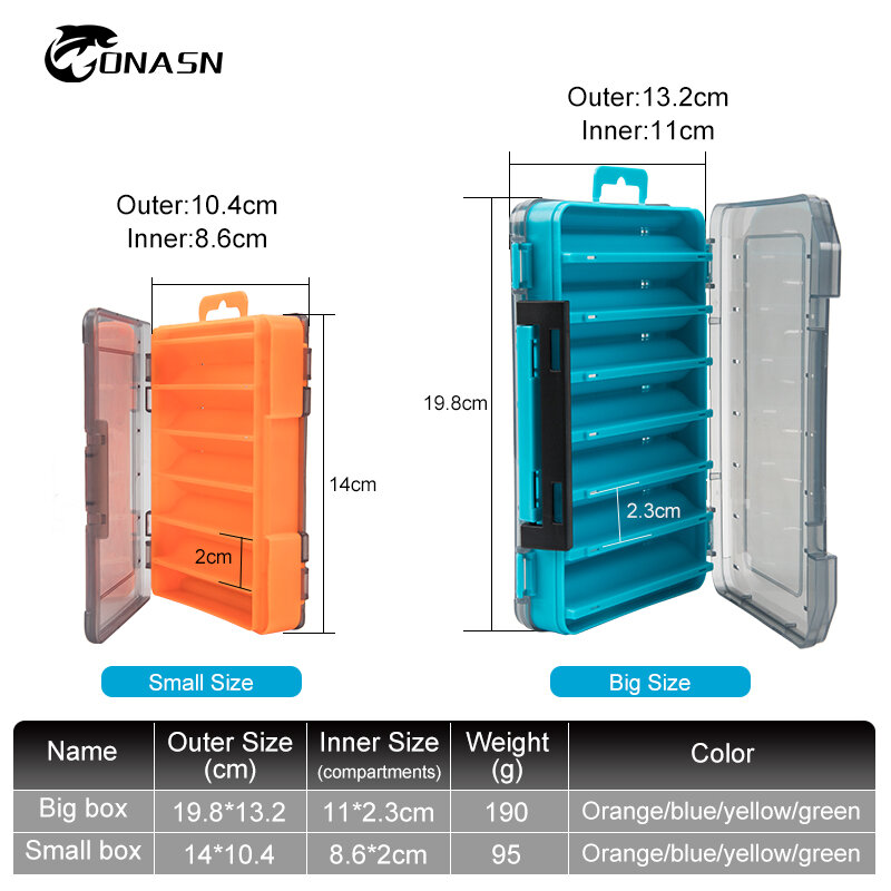 ONASN Fishing Tackle Boxes 12 14 Compartments Bait Lure Hook Accessories Boxes Storage Double Sided High Strength Fishing Box