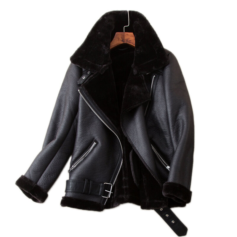 Зимние пальто, женская толстая куртка из искусственной кожи, меховая овчина, женская меховая кожаная куртка, Авиатор