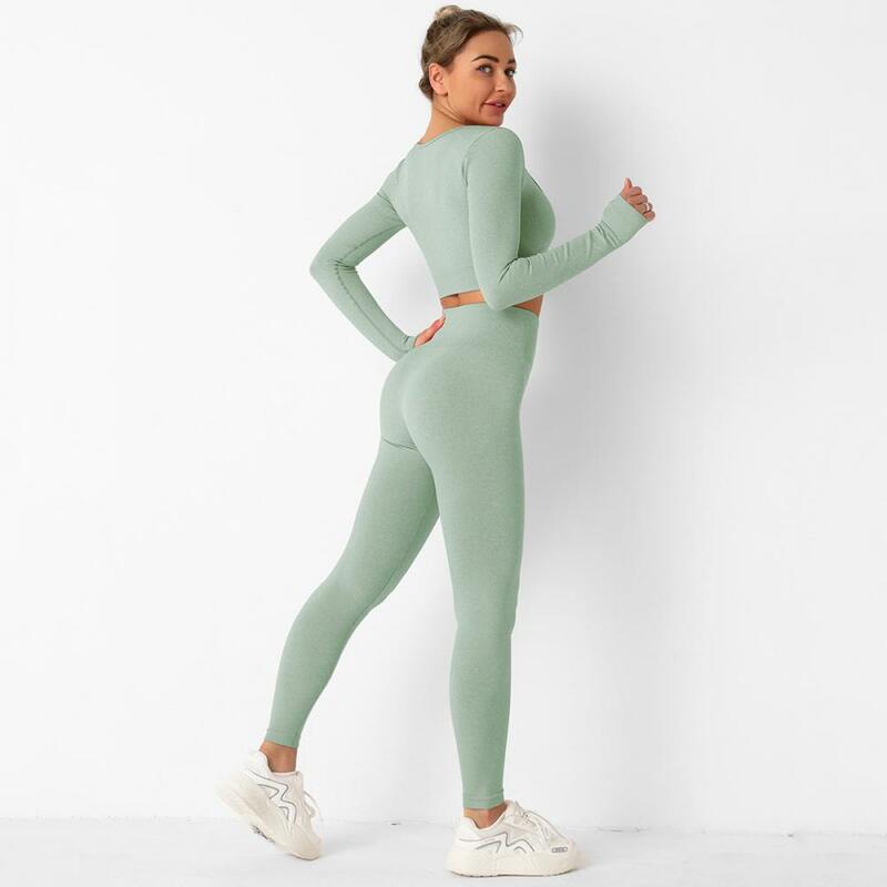 2 peça conjunto de ginásio de fitness para mulheres yoga conjunto sem costura leggings feminino esportes superior colheita ginásio roupas cintura alta collants