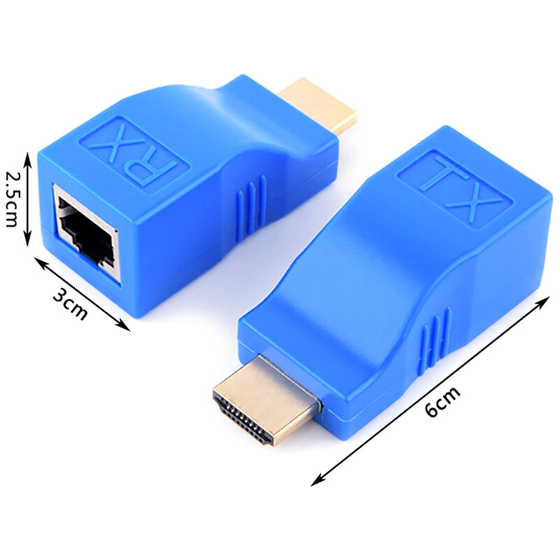 Extender HDMI 1080P in metallo ABS 2 pezzi a RJ45 su Cat 5e/6 adattatore Ethernet LAN di rete con colore blu 30m distanza di trasmissione