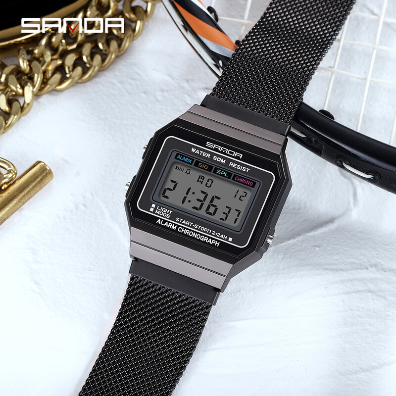 Sanda marca superior relógios masculinos moda casual à prova dstainless água aço inoxidável relógio digital de luxo masculino reloj hombre