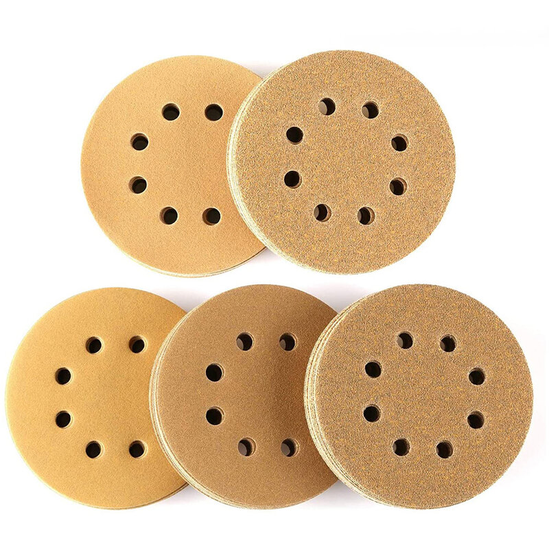 10pcs 5 Inch 125mm 8 Hole Yellow Round Sandpaper Eight Hole Disk Sand Sheets Grit 60-1000 Hook and Loop Sanding Disc Polish