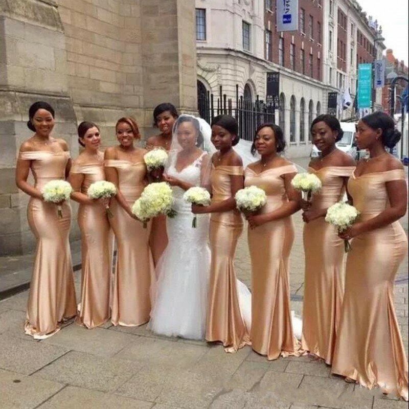 Gold Mermaid Bridesmaids Dresses Off The Shoulder  Sleeveless Zipper Wedding Guest Gowns  Black Girl Maid Of the honor Dress