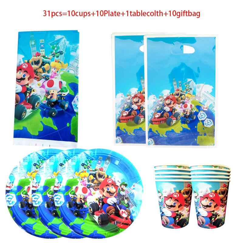 31Pcs/Lot Disposable Tableware CartoonTheme Kids Birthday Party Paper popcorn Plate+Cup+Napkin+Candy Gift Bags+blowout Supplies