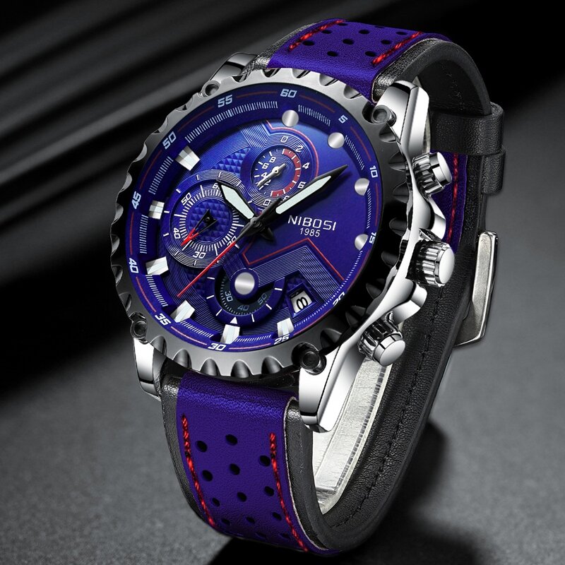 NIBOSI-reloj deportivo de lujo para hombres, cronógrafo de pulsera, de cuero, militar, resistente al agua, azul