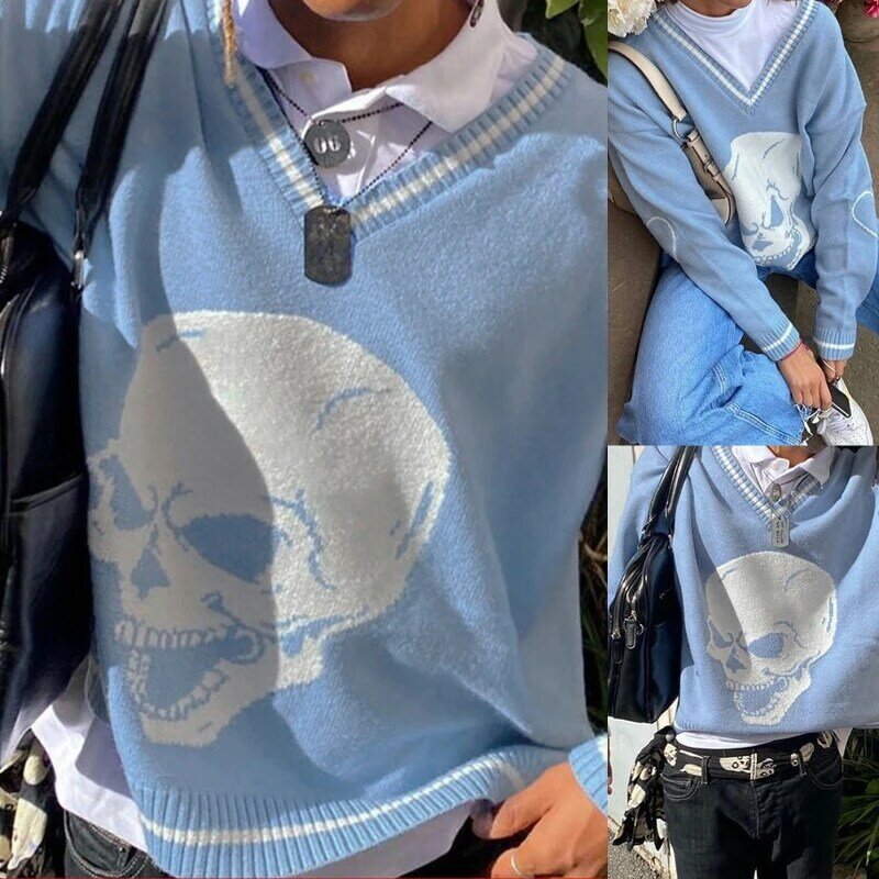 Suéter feminino gola v manga comprida listrado caveira padrão azul folgado tricô tops x3ue