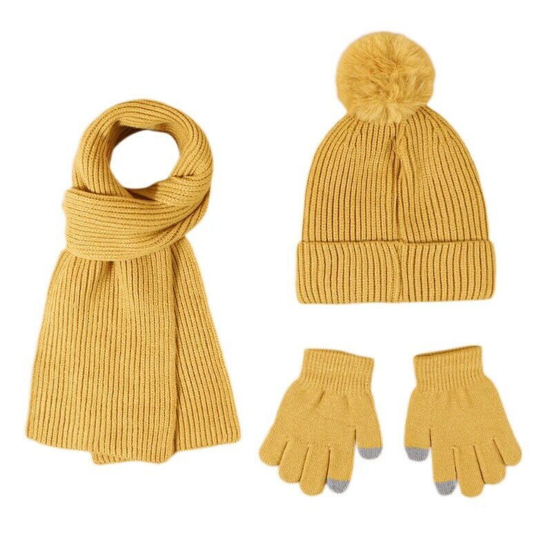 Guanti da sciarpa caldi per cappello invernale da bambino Set pompon sciarpe a cuffia lavorate a maglia bambino L41B