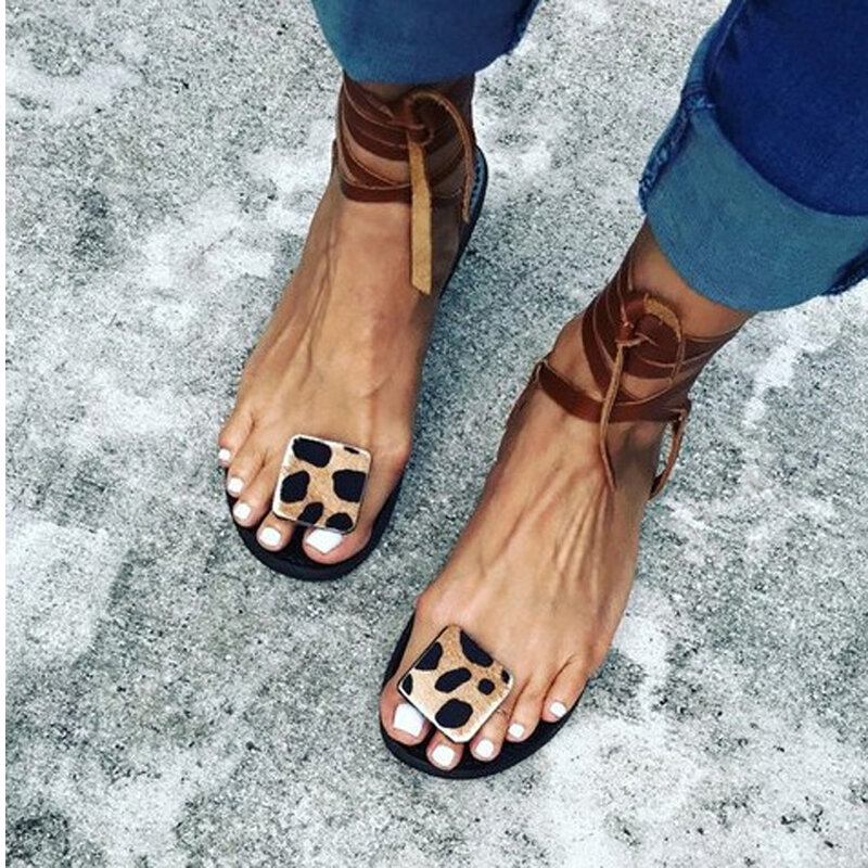NAN JIU MOUNTAIN 2020ผู้หญิงฤดูร้อนแบนรองเท้าแตะเซ็กซี่เสือดาวพิมพ์ Handmade เปิดนิ้วเท้ารองเท้าแตะ Flip-Flops Plus ข...