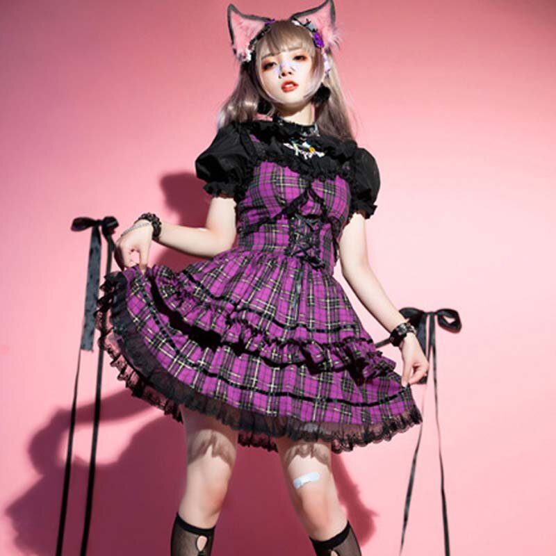 ญี่ปุ่น Gothic Lolita Jsk Harajuku Vintage ลายสก๊อตแขนกุดชุดเจ้าหญิงลูกไม้ผู้หญิง Diablo Kawaii คอสเพลย์ปาร์ตี้ชุด