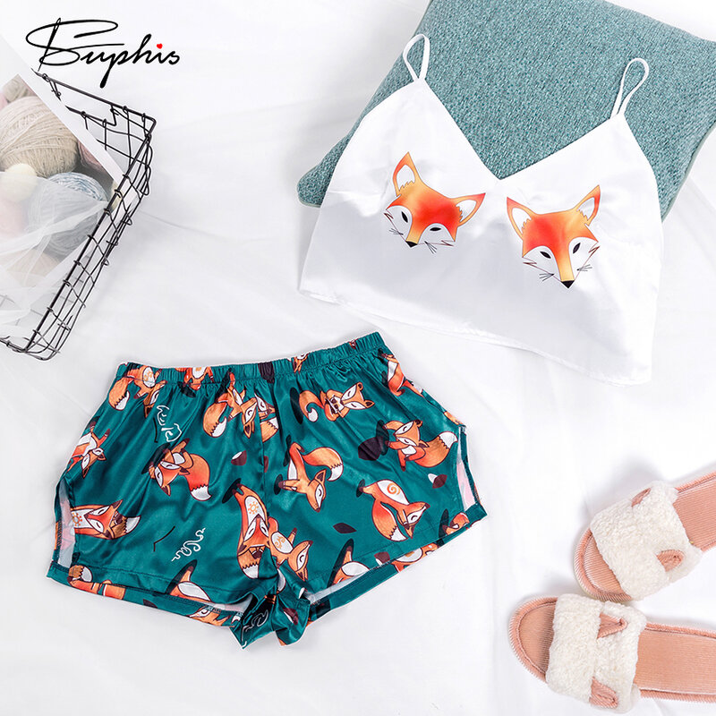 Suphis Fox Cartoon Print Lovely Sleepwear Summer V Neck Sexy Pyjamas Women Spaghetti Strap Loose Pyjama Satin Femme Home Suit