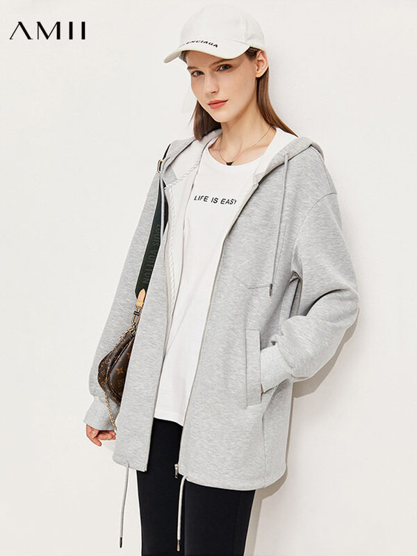 Amii Minimalism Jackets For Women Casual Hooded Zipper Loose Coat Fashion Pockets Sport Jacket Autumn Female Outwear 12130429