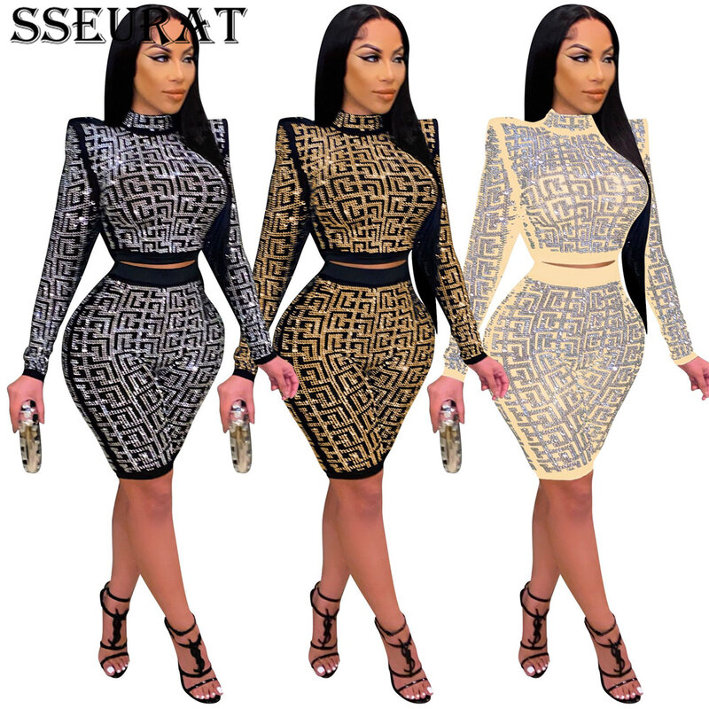 Sseurat-膝丈のタイトな服装,ダイヤモンドスタイル,半袖,ハイカラー,セクシー,クラブウェア,ツーピースセット