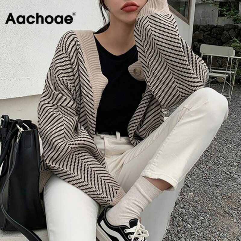 Aachoae Knitted Striped Cardigan Sweater Women Fashion Patchwork Top Spring 2020 Long Sleeve Casual Outwears V Neck Buttons Coat
