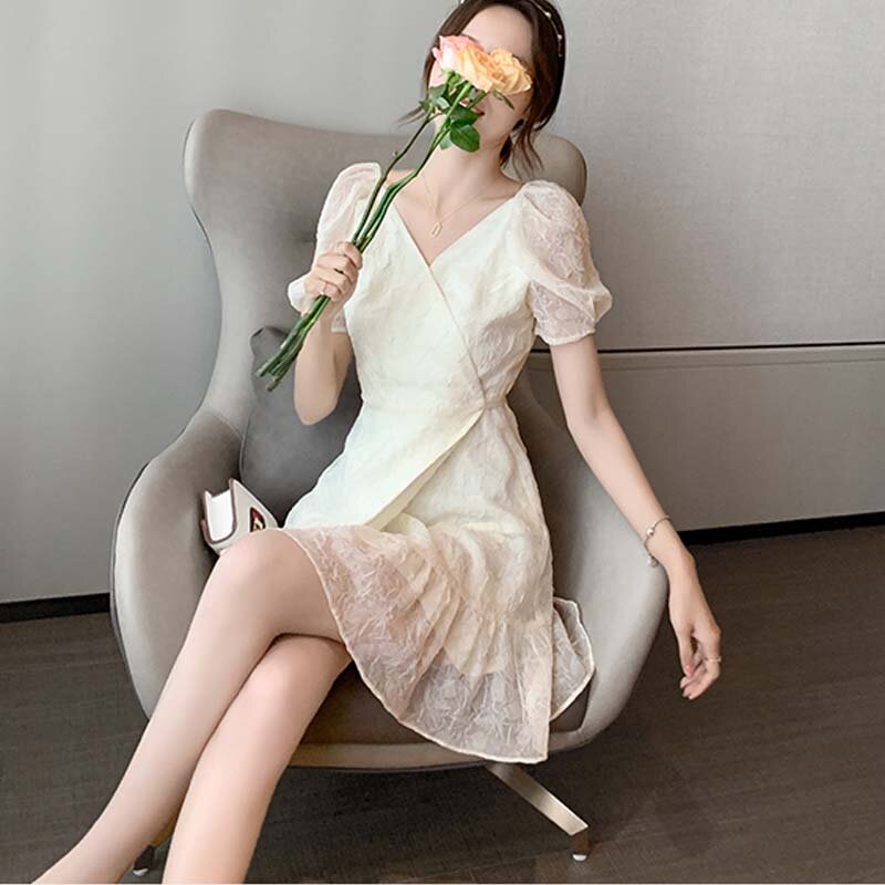 French Vintage  Elegant Sweet Chiffon Mini Dress For Women Puff Sleeve Retro V-Neck Dresses Office Lady Casual Dress 2021 Summer