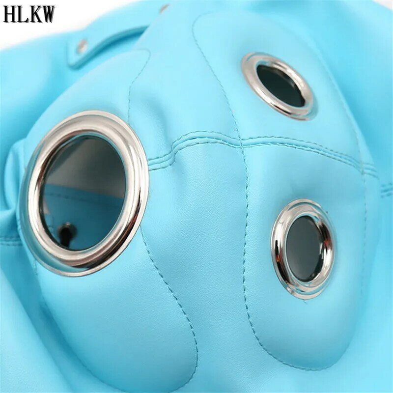Leather Total Lockdown Leather Hood Mask,Three Holes for Eyes and Mouth,Silicone Penis Gag,Sex Bondage Mask,Adult Sex Toys