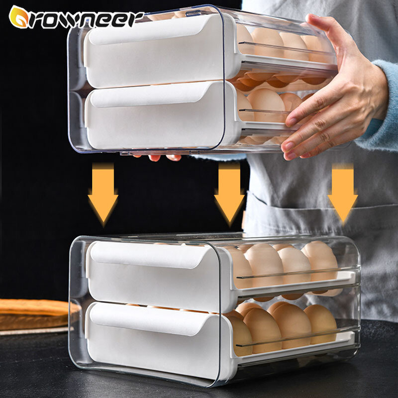 32グリッド家庭用卵収納ボックス引き出し型冷蔵庫の収納ボックスプラスチック透明団子ボックス二重層卵トレイ