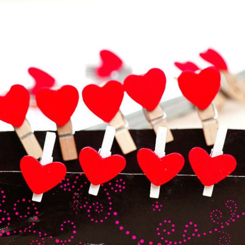 20 pièces Kawaii Mini amant rouge en forme de coeur en bois Clips mémo livre Clips école bureau pince fournitures accessoires papeterie