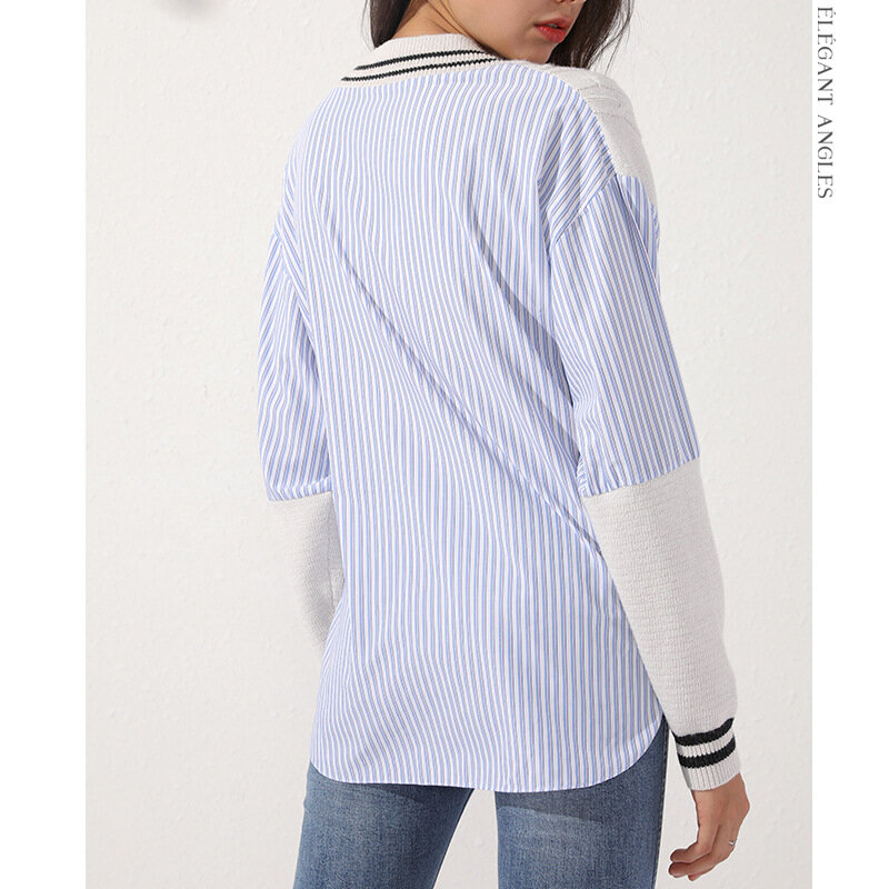 Suéter de punto con cuello en V para mujer, jersey de manga larga con retales a rayas en la espalda, suéter de punto, camisa holgada coreana estilo Ins de invierno