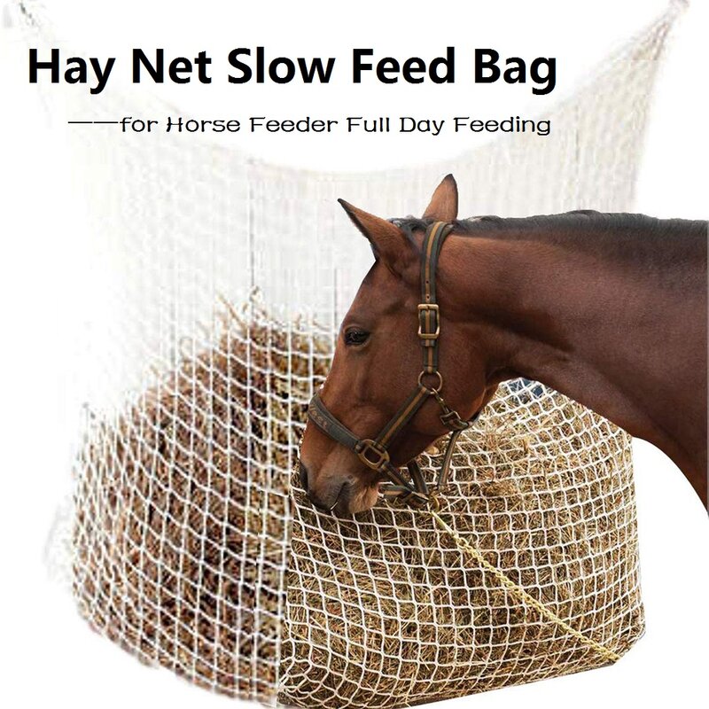 Bolsa de red de heno para alimentación lenta, alimentador de caballo de día completo, alimentador grande con agujeros pequeños, suministros ecuestres de malla tejida