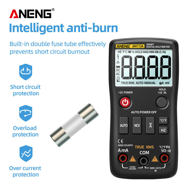 ANENG – multimètre numérique AN113A True RMS avec testeur de température, 4000 points, mesure automatique des transistors AC/DC