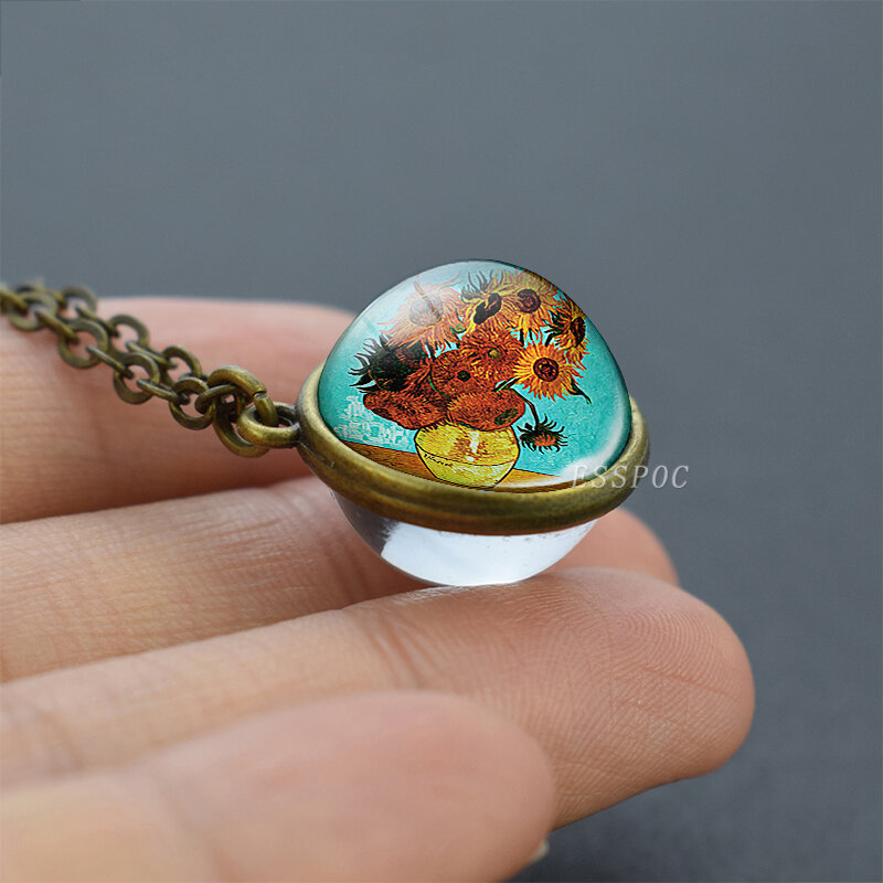 Van Gogh pintura al óleo abstracta collar de bola de vidrio la noche estrellada colgante collar con cadena de cobre arte joyería Dropshipping