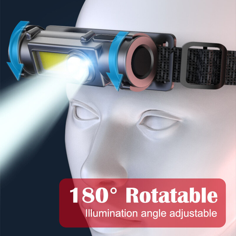 Lampu Depan COB Magnetik Lampu Sorot Berkemah Dapat Diisi Ulang dengan 2 Kontrol Gigi Putaran Lumen Tinggi 180 ° untuk Memancing