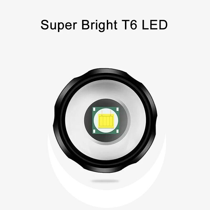 Linterna led portátil de alto brillo, linterna táctica potente, recargable por USB, resistente al agua, zoom, 18650