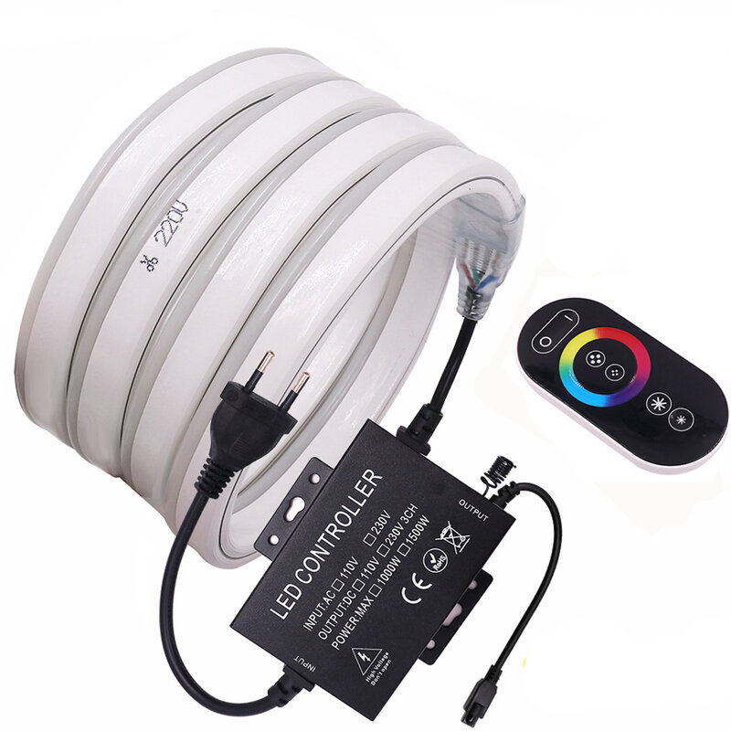 Señal de neón Flexible, 110V, 220V, RGB, 5050, 120LED/M, cinta de neón LED impermeable con controlador RGB, tira LED