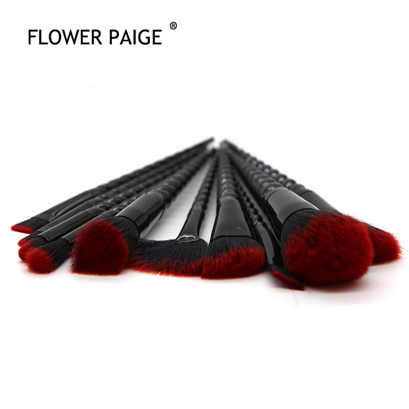FLOWER PAIGE 10pcs Set di pennelli per trucco pennelli per trucco multifunzione in polvere nera con fondotinta in legno rosso nero