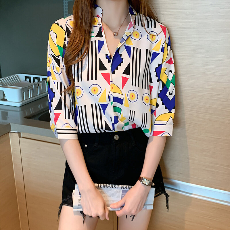 플러스 사이즈 여성 탑 기하학 프린트 쉬폰 블라우스 셔츠 패션 여성상의와 블라우스 2021 Summer Half Sleeve Women Shirt