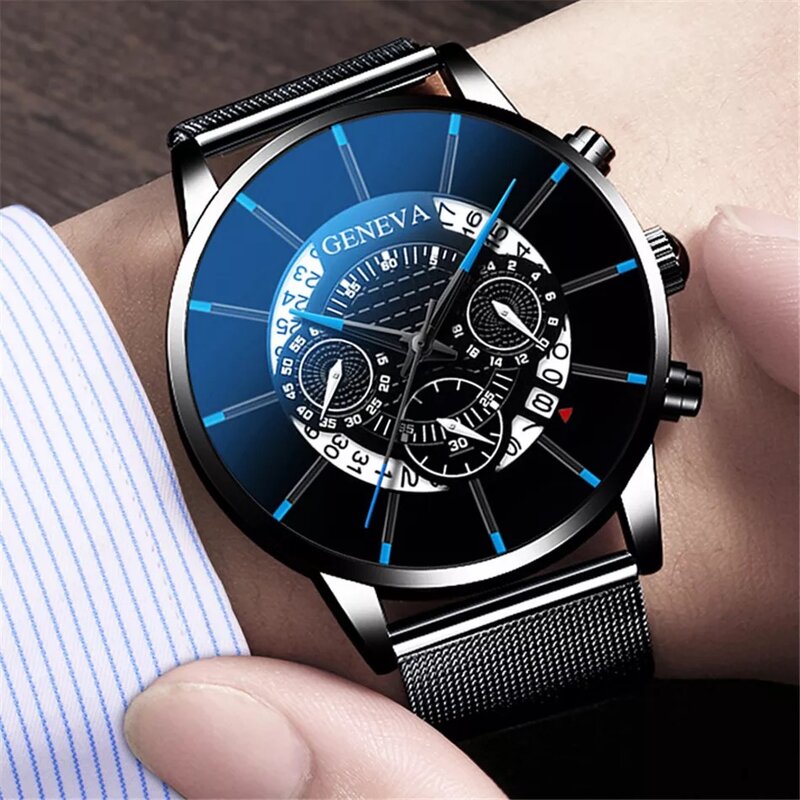 Reloj con calendario para Hombre, de lujo, Ultra fino, resistente al agua, de acero inoxidable, luz azul, relojes de cuarzo