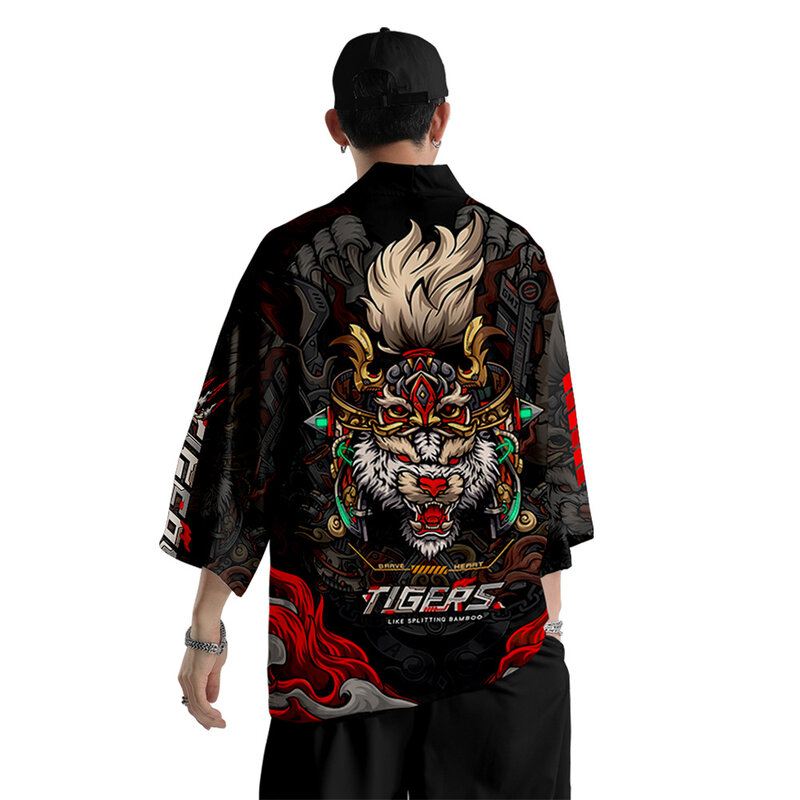 Zomer Japan Black Tiger Print Streetwear Man Strand Kimono Vest Cosplay Shirt Blouse Mannen Japanse Yukata Kimono