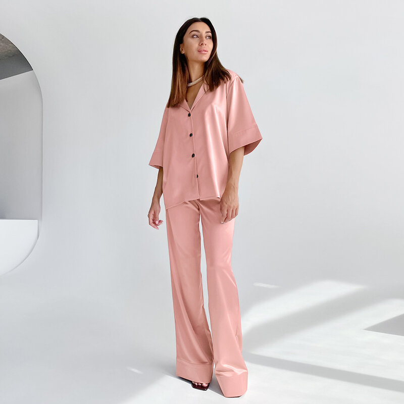 Hiloc sólido manga gota pijama turn-down colarinho 2 peça conjunto pijama feminino com calças 2021 primavera profundo v-neck sleepwear cetim