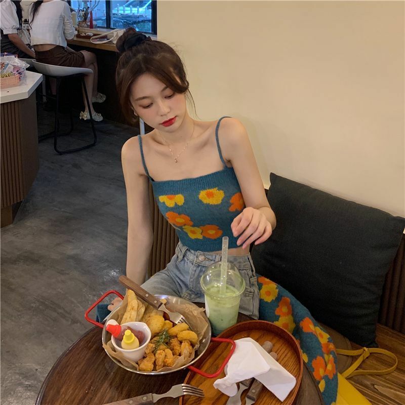 Backstrom feminino camisola recortada cardigan curto do vintage de malha suspensórios moda coreana cardigan camisola de flor cortada