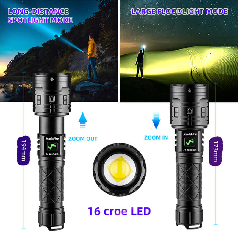 Powerful XHP160 Flashlight 5 Modes Zoomable USB Rechargeable Aluminum Alloy LED Torch Light Waterproof Flashlight Tactical Power