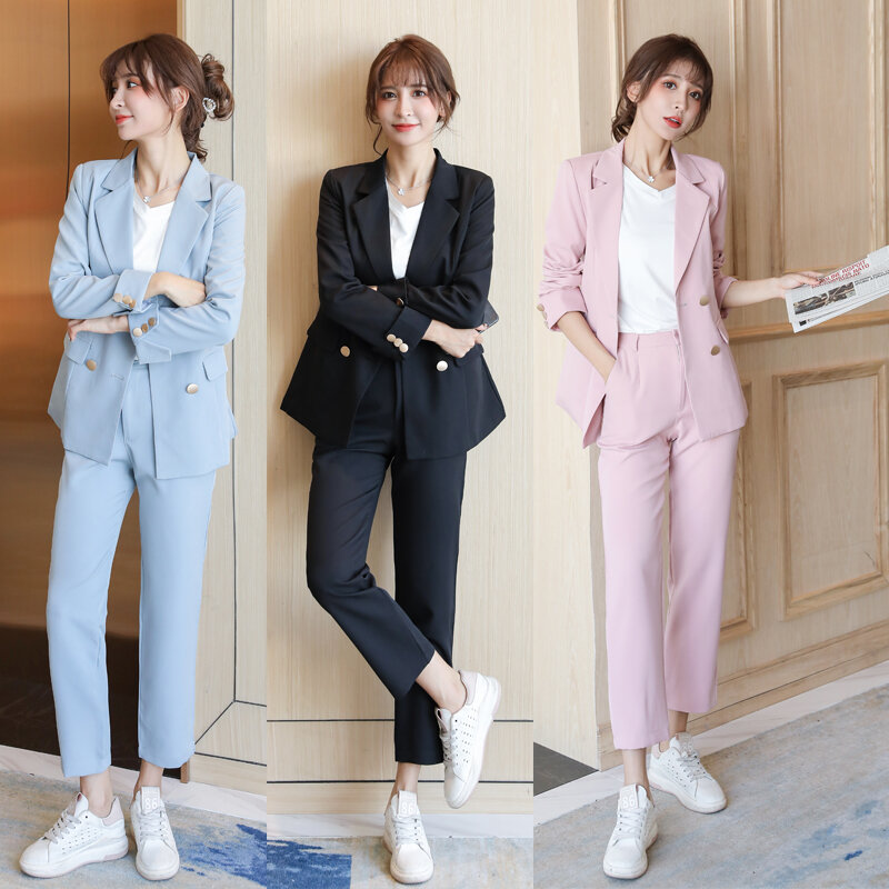 Ensemble blazer et pantalon d'été pour femme, tenue d'affaires chic et  élégante, manches mi-longues, gris et blanc, haute qualité, 2 pièces -  AliExpress