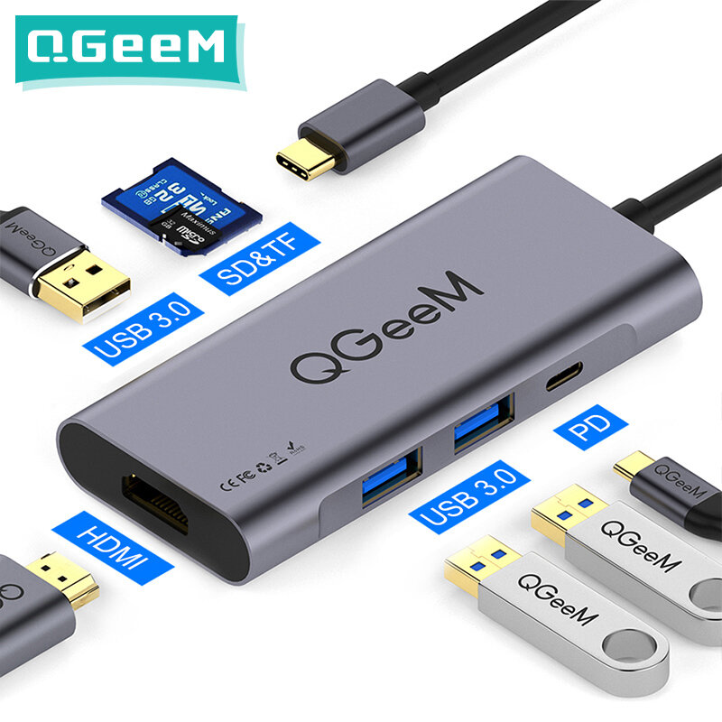 USB-концентратор QGeeM 7 в 1 для Huawei P20 Mate 20 Pro, USB-концентратор типа C, USB-концентратор от двух до 3,0, HDMI кардридер, адаптер Thunderbolt3 для MacBook Pro