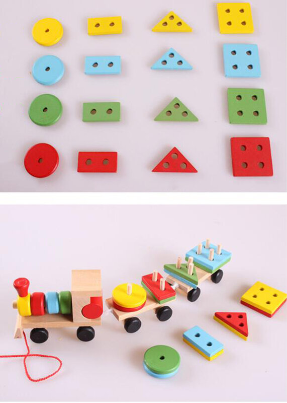 Wooden Toy Drag Train Digital Early Childhood Education Puzzle Geometric Shape Block Construction Car Toys