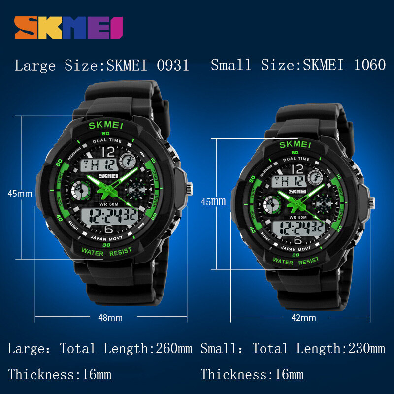 Skmei relógio digital led esportivo 1060, relógio masculino e feminino de quartzo com pulseira de led fashion para crianças de 50m, relógio de pulseira impermeável